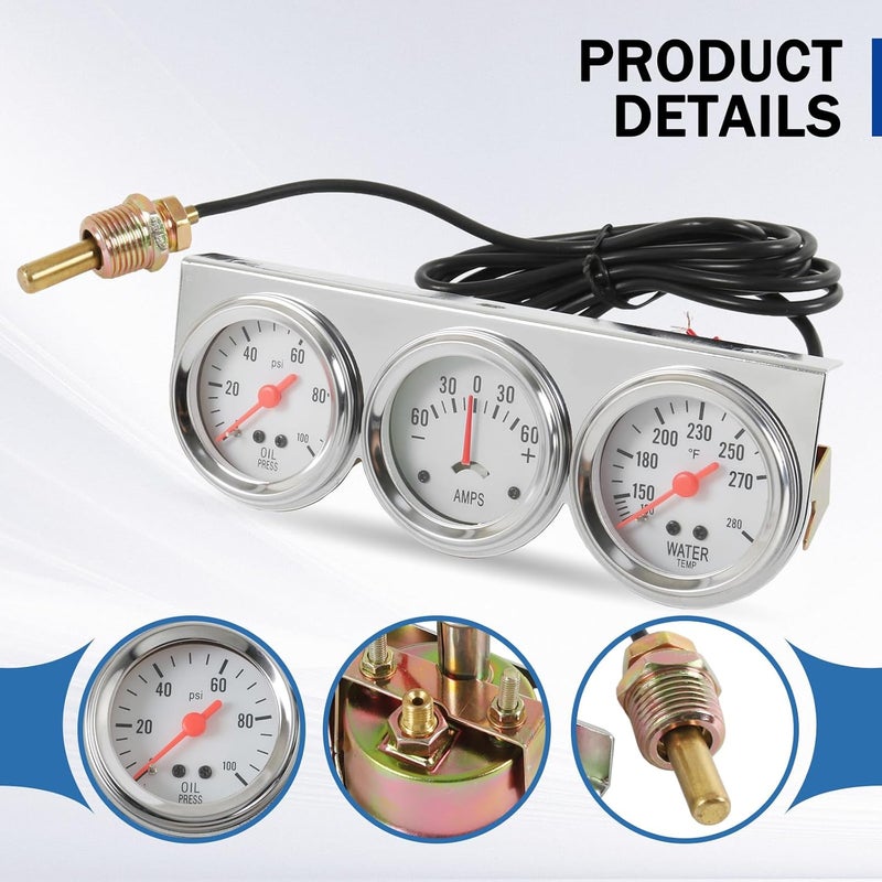 JDMSPEED 2" 52mm Triple Gauge Set Kit (Oil Pressure + Water Temperature + AMP Meter) 3-in-1 - Image 5